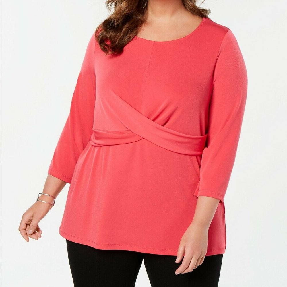 Alfani women plus size 3X crossover detail Jersey top flamenco pink 3/4‎ sleeve